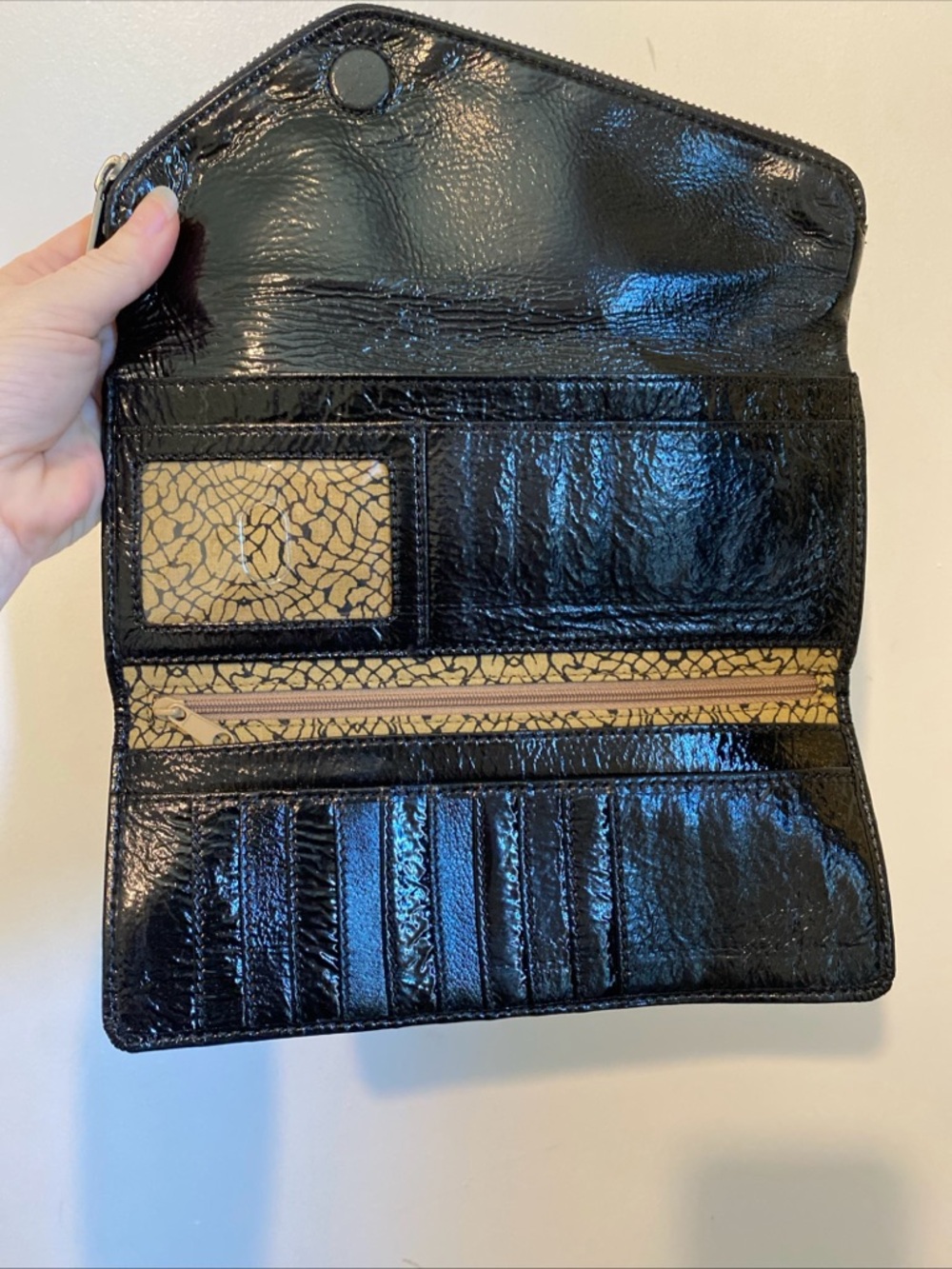 HOBO Black Patent Fold-Over Clutch with Diagonal Zip Magnetic Closure - Picture 9 of 15